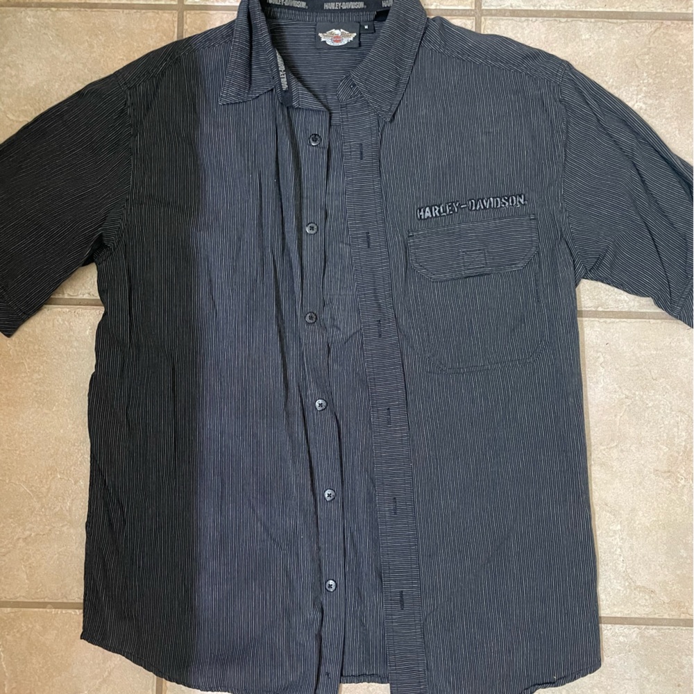 Short sleeve button up, men’s black pinstripe, short sleeve Harley shirt